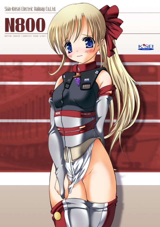 1girl 2000s_(style) 3: archived_source arm_behind_back ashita_yaru blonde_hair blue_eyes blush breasts closed_mouth clothes_tug commentary_request elbow_gloves frown furrowed_brow gloves grey_gloves grey_thighhighs hair_ribbon long_hair medium_breasts multicolored_clothes multicolored_legwear multicolored_thighhighs no_panties original partially_fingerless_gloves personification ponytail red_ribbon red_thighhighs ribbon solo standing thigh_gap thighhighs thighs train white_thighhighs