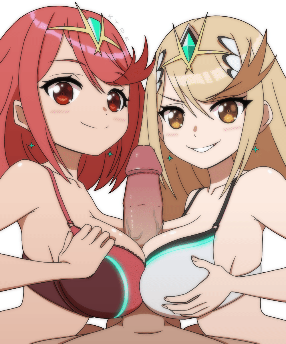 1boy 2girls :d animated animated_gif blonde_hair bra breasts circlet closed_mouth clothed_female_nude_male double_paizuri earrings grin hetero highres jewelry kyde large_breasts large_penis long_hair looking_at_viewer medium_hair multiple_girls mythra_(xenoblade) nude penis pov pyra_(xenoblade) red_bra red_eyes red_hair simple_background smile teeth underwear v-shaped_eyebrows veins veiny_penis white_background white_bra xenoblade_chronicles_(series) xenoblade_chronicles_2 yellow_eyes