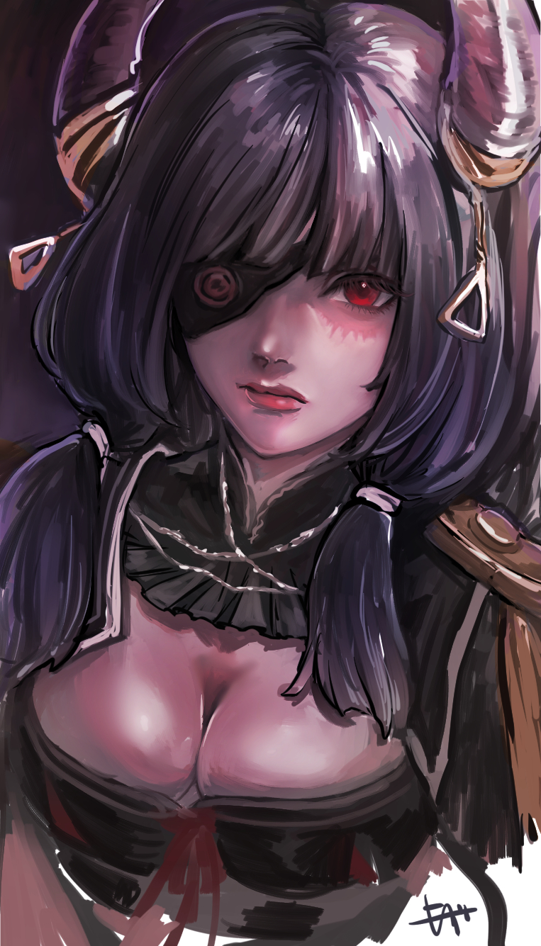 1girl breasts character_request cleavage closed_mouth eyepatch highres horns lips long_hair looking_at_viewer mozu_so purple_hair red_eyes solo