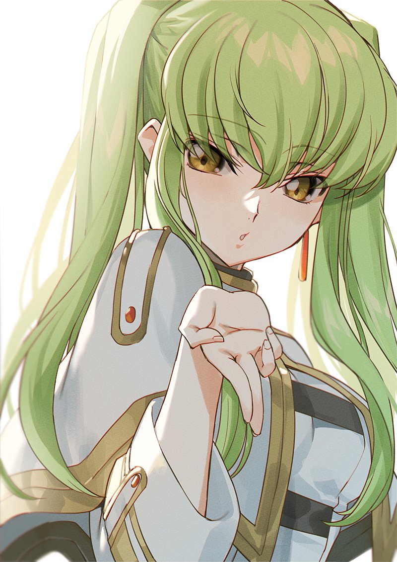 1girl blowing_kiss breasts c.c. code_geass commentary_request cosplay creayus earrings frieren frieren_(cosplay) gold_trim green_hair hand_up jewelry looking_at_viewer medium_breasts parted_lips solo twintails upper_body yellow_eyes