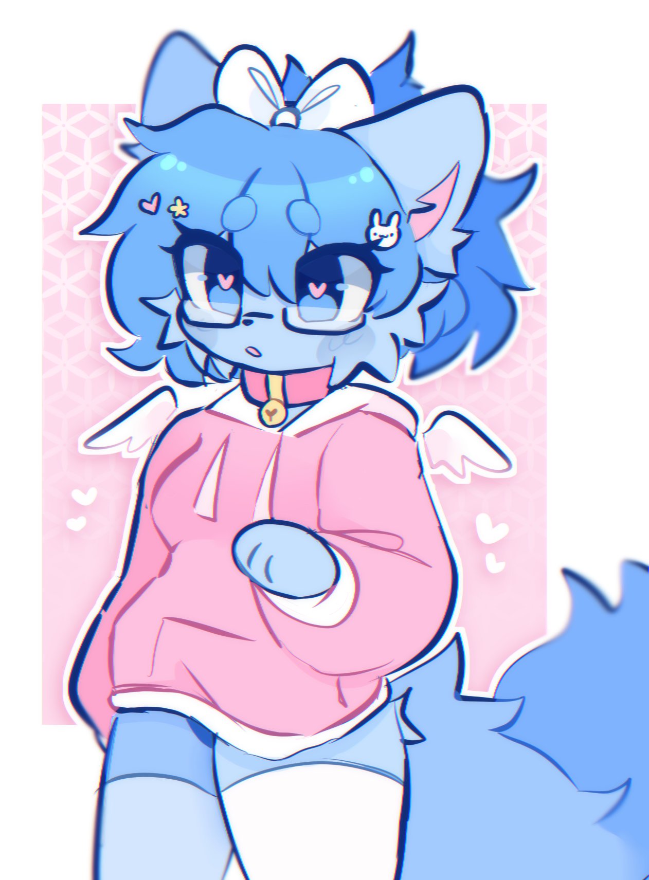 &lt;3 &lt;3_eyes anthro big_tail biped blue_body blue_fur blue_hair breasts cheek_tuft chompyboo clothed clothing collar eyewear facial_tuft female fur glasses hair heart_hair_accessory hi_res hoodie legwear open_mouth pink_clothing pink_collar pink_hoodie pink_topwear prick_ears small_wings solo standing star_hair_accessory tail thigh_highs topwear tuft white_bow white_clothing white_legwear white_thigh_highs wings