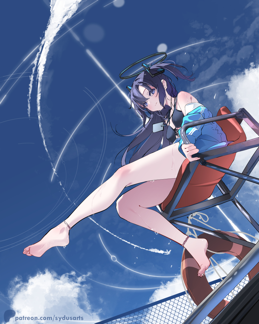 1girl barefoot blue_archive blue_sky halo legs lifeguard lifeguard_chair long_hair looking_at_viewer purple_hair sky solo swimsuit sydus tube yuuka_(blue_archive)