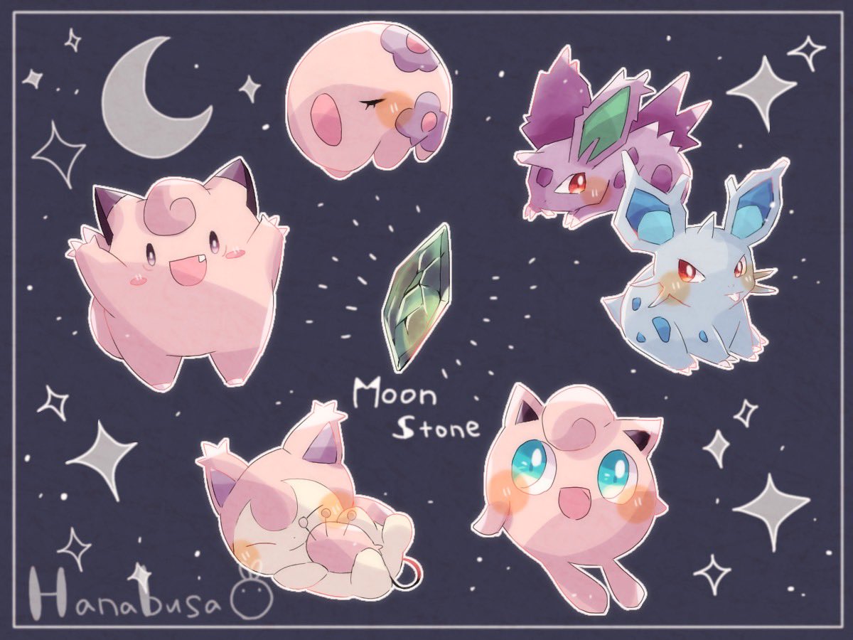 :d animal_focus artist_name blue_eyes blue_skin border clefairy closed_eyes colored_skin commentary_request crescent_moon evolutionary_stone eyelashes fang hanabusaoekaki jigglypuff moon moon_stone munna nidoran nidoran_(female) nidoran_(male) night night_sky no_humans open_mouth pink_skin pokemon pokemon_(creature) purple_skin red_eyes skitty sky sleeping smile solid_oval_eyes sparkle star_(sky) star_(symbol) tail trait_connection white_border