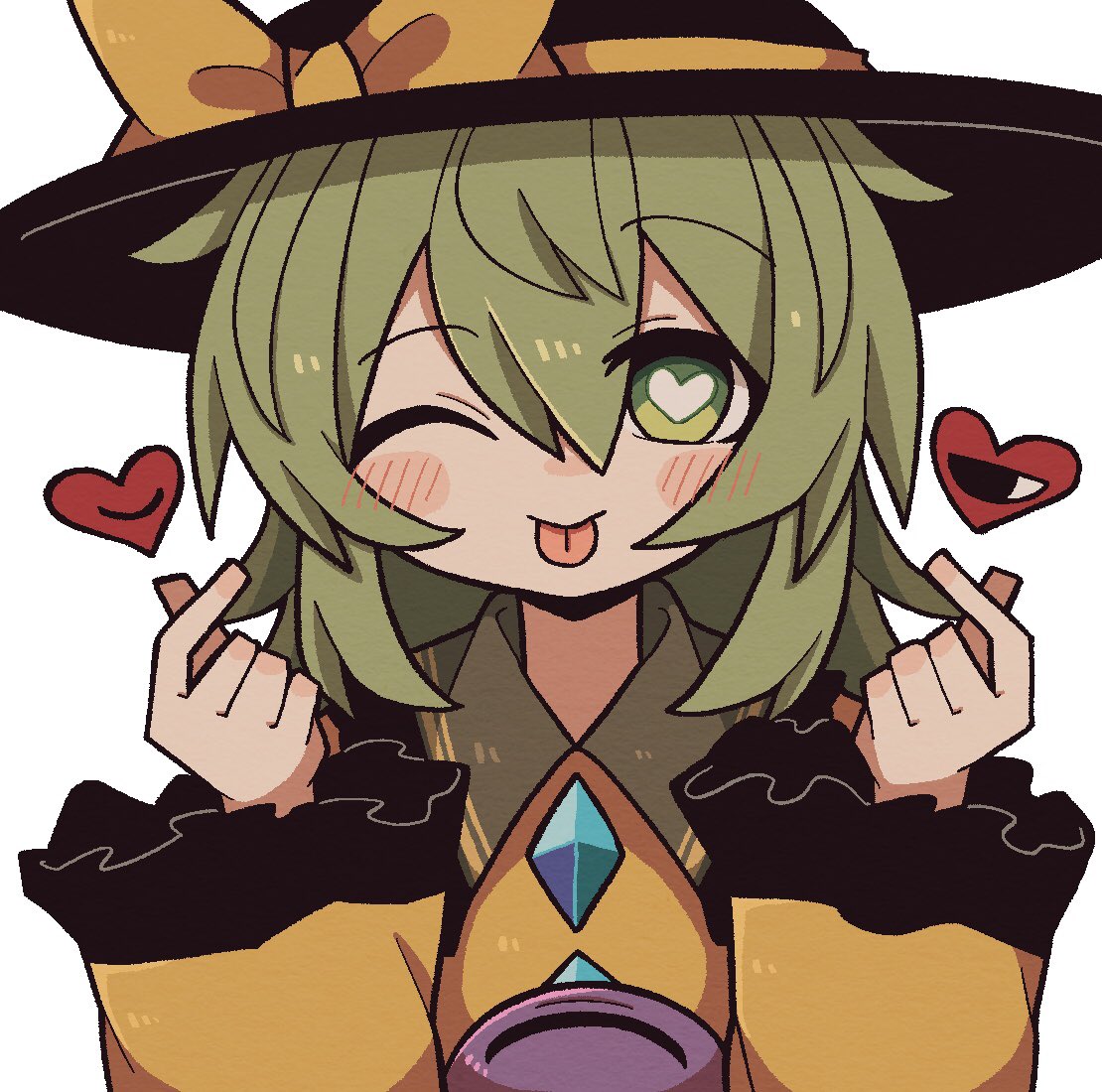 1girl :&gt; black_eyes black_headwear blush bright_pupils buttons collar collared_shirt diamond_(shape) diamond_button frilled_shirt frilled_shirt_collar frilled_sleeves frills green_collar green_eyes green_hair hair_between_eyes hands_up happy hat hat_ornament hat_ribbon heart heart-shaped_pupils komeiji_koishi long_hair long_sleeves one_eye_closed ribbon shirt simple_background sleeves_past_wrists smile snapping_fingers symbol-shaped_pupils third_eye tongue tongue_out touhou white_background white_pupils yellow_ribbon yellow_shirt zunusama