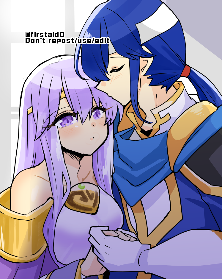 1boy 1girl bare_shoulders breasts brother_and_sister circlet closed_eyes fire_emblem fire_emblem:_genealogy_of_the_holy_war headband holding holding_hands implied_incest incest julia_(fire_emblem) long_hair ponytail purple_eyes purple_hair seliph_(fire_emblem) siblings simple_background white_headband yukia_(firstaid0)