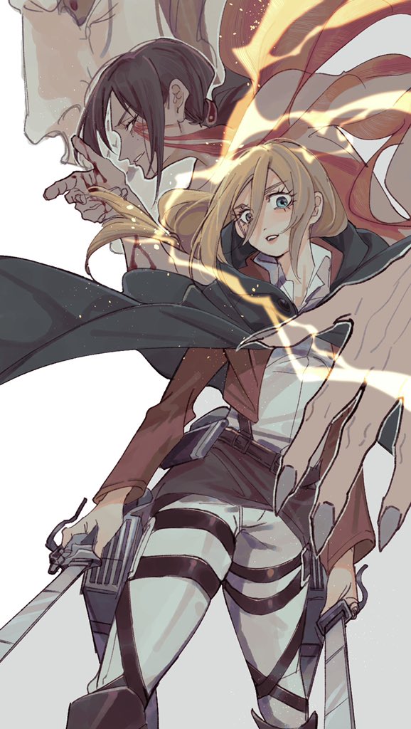 2girls behind_another blackhiro6 blade blonde_hair blood blood_on_hands brown_hair capelet christa_renz electricity eyelashes feet_out_of_frame fingernails freckles from_below hair_between_eyes hair_down jaw_titan monster multiple_girls parted_lips ponytail protecting sharp_fingernails shingeki_no_kyojin short_hair smirk spoilers three-dimensional_maneuver_gear titan_(shingeki_no_kyojin) transformation ymir_(shingeki_no_kyojin) yuri