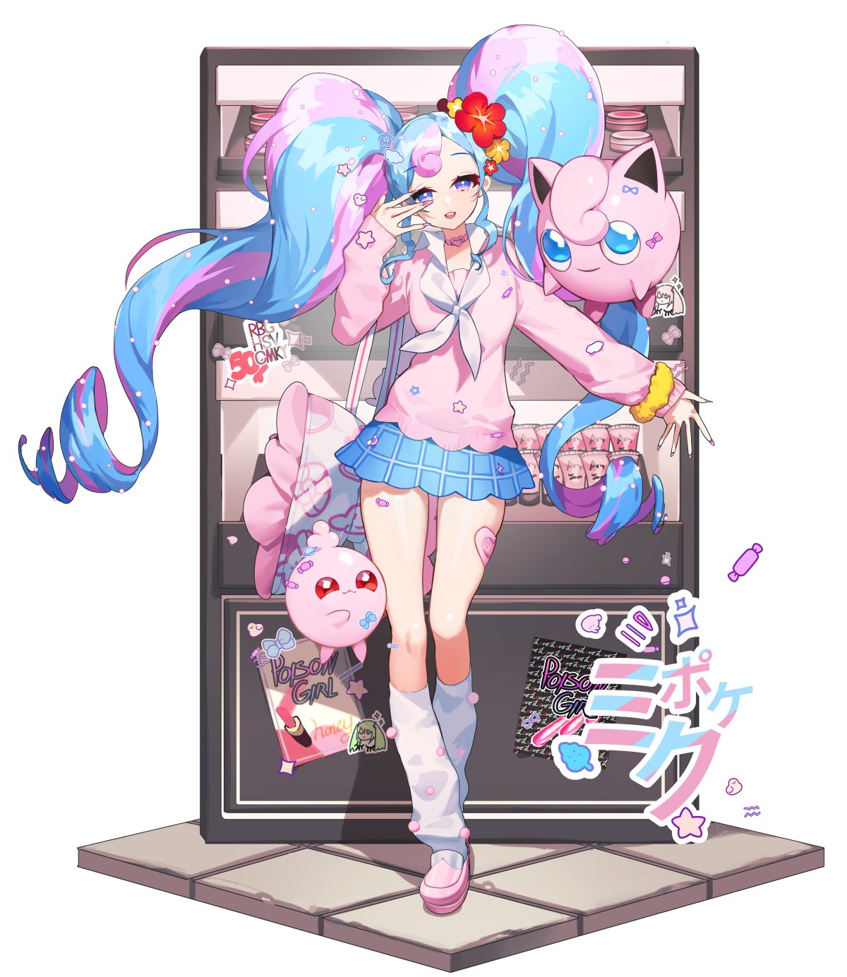 1girl blue_skirt cardigan choker fairy_miku_(project_voltage) flower hair_flower hair_ornament hatsune_miku heart heart_choker highres igglybuff jigglypuff leg_warmers long_hair looking_at_viewer multicolored_hair nail_polish pink_cardigan pink_footwear pink_nails pokemon pokemon_(creature) project_voltage scrunchie skirt twintails two-tone_hair very_long_hair vocaloid white_background wrist_scrunchie yamijam