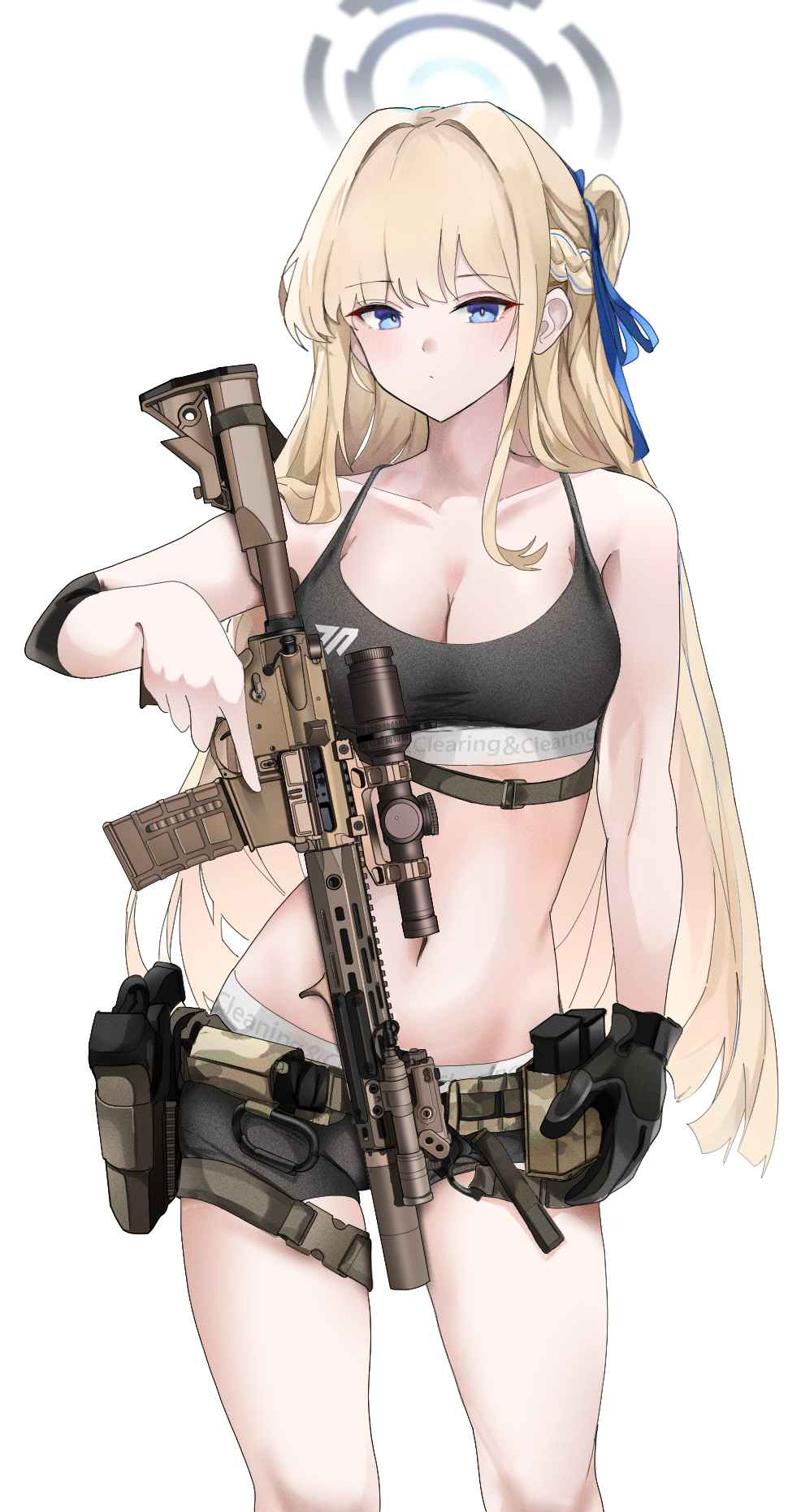 1girl assault_rifle bare_shoulders belt black_bra black_gloves blonde_hair blue_archive blue_eyes blue_hair bra braid breasts carabiner cleavage collarbone contrapposto expressionless flashlight french_braid fte_(fifteen_199) gloves gun hair_ribbon halo handgun highres holding holding_gun holding_weapon holster large_breasts light_blush long_hair looking_at_another looking_at_viewer magazine_(weapon) military multicolored_hair navel panties ribbon rifle scope simple_background single_glove solo sports_bra streaked_hair suppressor thighs toki_(blue_archive) trigger_discipline underwear weapon weapon_request white_background