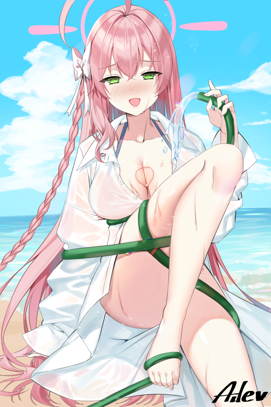 1girl ahoge aile_(crossroads) barefoot beach blue_archive blue_sky blush bow braid breasts cleavage collarbone green_eyes hair_bow halo hanako_(blue_archive) hanako_(swimsuit)_(blue_archive) highres hose large_breasts long_hair long_sleeves looking_at_viewer open_mouth pink_hair shirt shore side_braid sky smile solo very_long_hair white_shirt