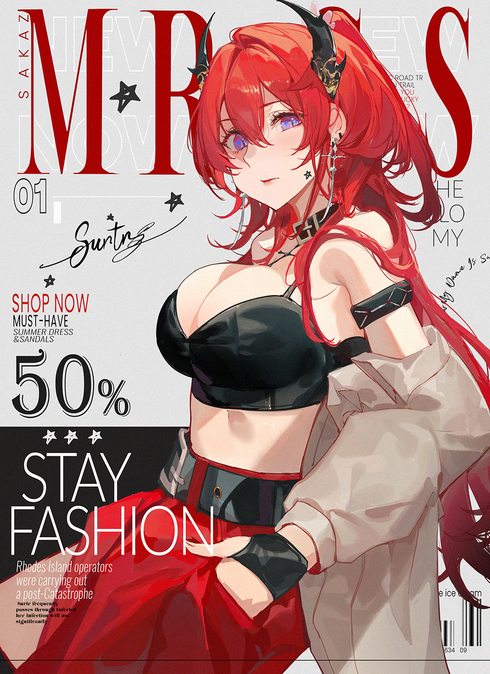 1girl alternate_costume arknights bangs bare_shoulders belt blush breasts closed_mouth cover demon_horns earrings english_commentary english_text fake_magazine_cover hair_between_eyes hand_in_pocket highres horns jewelry kuroduki_(pieat) long_hair looking_at_viewer magazine_cover purple_eyes red_hair slit_pupils solo star_(symbol) surtr_(arknights)