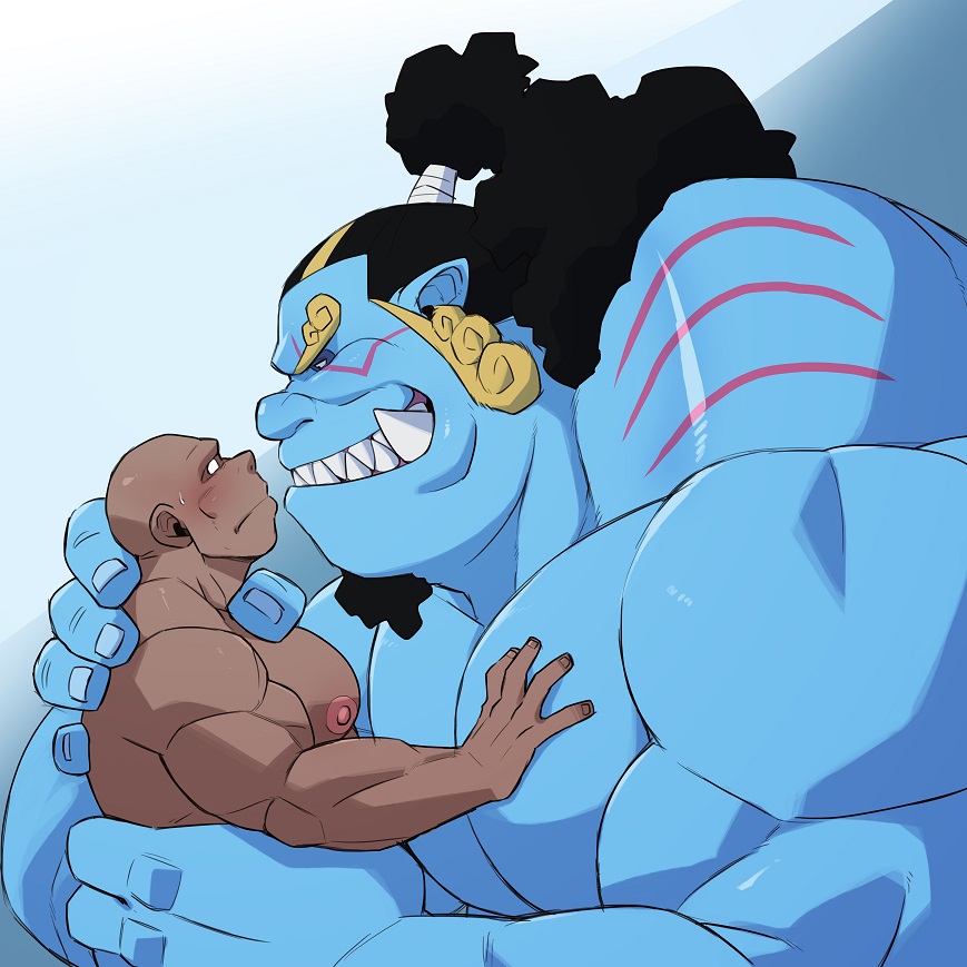 blue_body duo fish-men_(one_piece) human humanoid jinbe male mammal marine muscular muscular_humanoid muscular_male nipples one_piece othukimi pecs sharp_teeth size_difference teeth