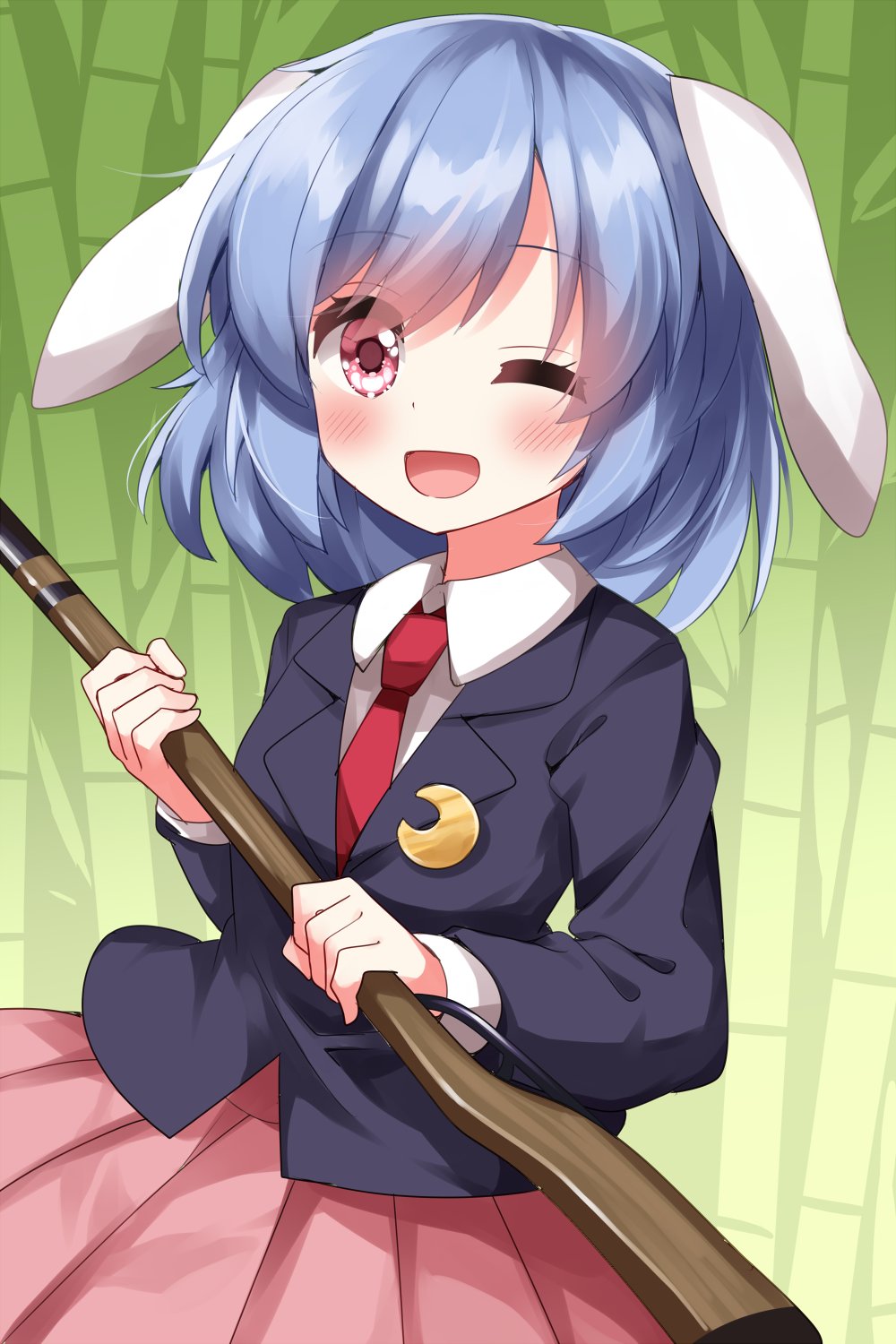 1girl ;d animal_ears antique_firearm bamboo bamboo_forest black_jacket blazer blue_hair blush breasts collared_shirt floppy_ears forest gun highres holding holding_weapon jacket long_sleeves medium_hair musket nature necktie one_eye_closed open_mouth pink_skirt pleated_skirt rabbit_ears red_eyes red_necktie reisen_(touhou_bougetsushou) ruu_(tksymkw) shirt skirt small_breasts smile solo touhou upper_body weapon white_shirt