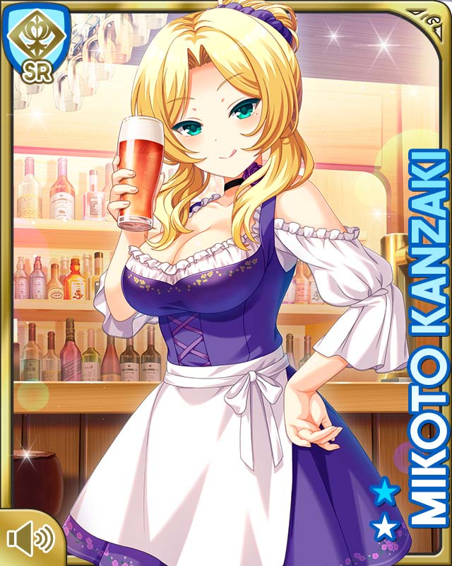 1girl :q apron beer_mug blonde_hair blouse breasts card_(medium) cleavage cup dirndl dress german_clothes girlfriend_(kari) green_eyes indoors kanzaki_mikoto_(girlfriend_kari) large_breasts mole mole_under_eye mug night official_art purple_dress qp:flapper shirt smile tongue tongue_out variant_set waist_apron white_apron white_shirt wide_sleeves