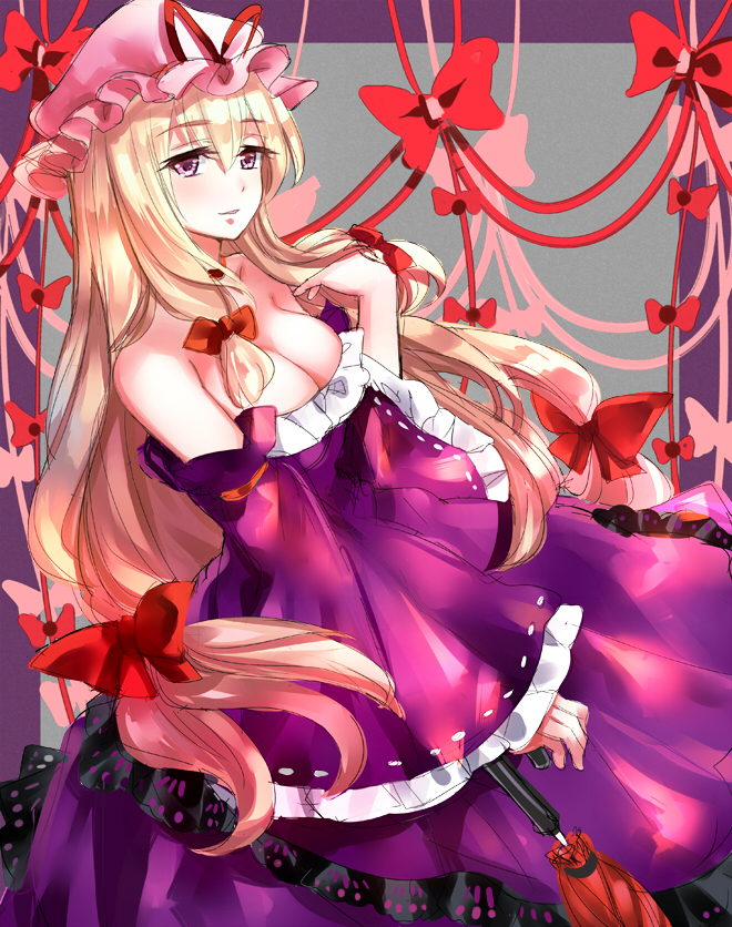 1girl adapted_costume blonde_hair border bow closed_mouth dress grey_background hair_bow hat hat_ribbon long_hair looking_at_viewer low-tied_long_hair mob_cap nagare off-shoulder_dress off_shoulder pink_headwear purple_border purple_dress red_bow red_ribbon red_umbrella ribbon ribbon-trimmed_sleeves ribbon_trim simple_background smile solo touhou umbrella yakumo_yukari