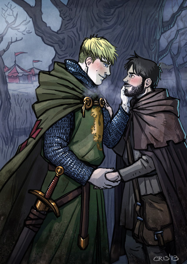 2boys aged_up alternate_costume alternate_facial_hair alternate_universe armor bad_id bad_tumblr_id bara bare_tree beard black_hair blonde_hair blush breath brown_cloak chainmail cloak couple cris_art eye_contact facial_hair feet_out_of_frame hand_on_another's_cheek hand_on_another's_face holding_hands hulkling kate_bishop knight leather looking_at_another male_focus marvel medieval multiple_boys mustache sheath sheathed short_hair sideburns standing sword thick_eyebrows tree weapon wiccan yaoi young_avengers