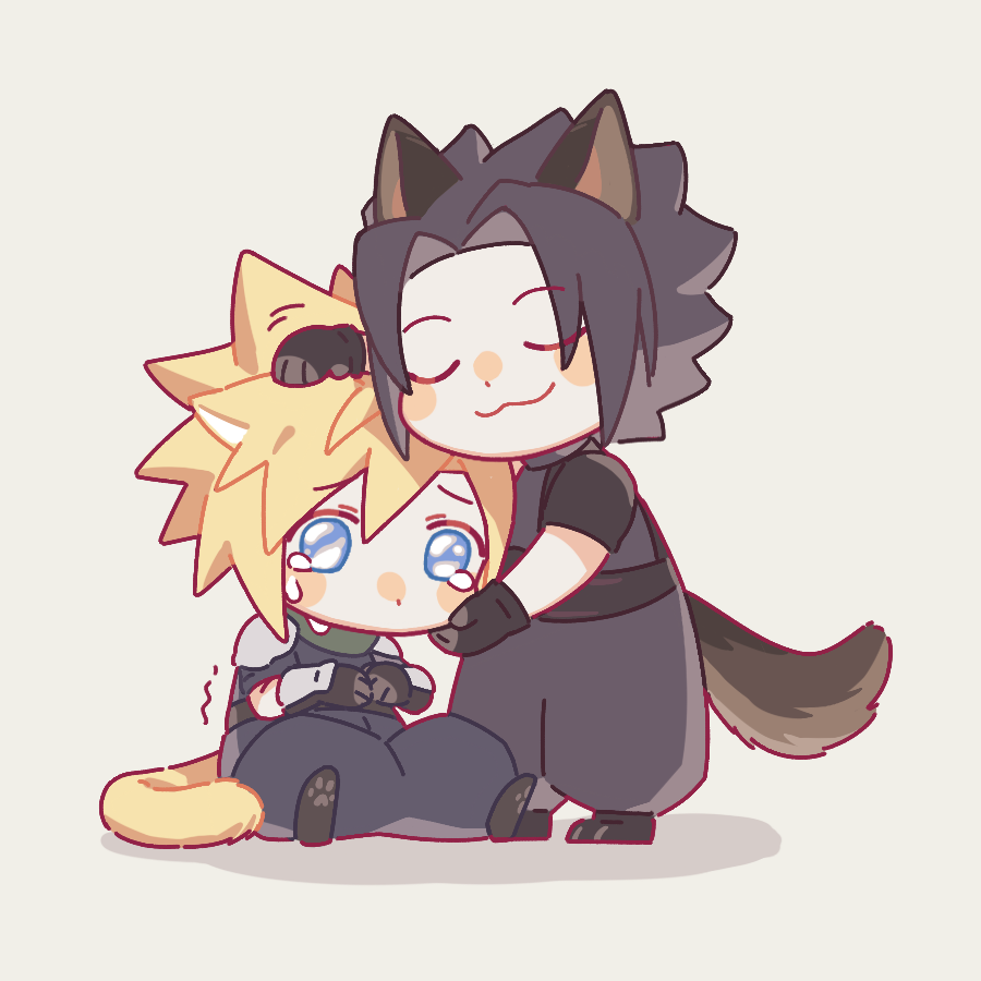 2boys animal_ears animal_feet armor black_gloves black_hair blonde_hair blue_eyes brown_fur cat_boy cat_ears chibi closed_eyes cloud_strife comforting crying crying_with_eyes_open dog_boy dog_ears elbow_gloves final_fantasy final_fantasy_vii gloves green_scarf hand_on_another's_cheek hand_on_another's_face hand_on_another's_head hao_xiang_yishui_bu_xing male_focus multiple_boys own_hands_together pants pauldrons pawpads petting puffy_pants scarf short_hair shoulder_armor simple_background sitting sleeveless sleeveless_turtleneck smile spiked_hair standing tail tears turtleneck yellow_fur zack_fair