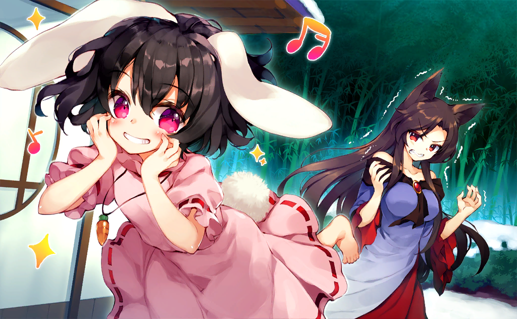2girls animal_ear_fluff animal_ears architecture bamboo bamboo_forest bare_shoulders barefoot black_hair black_scarf breasts brown_hair carrot_necklace clenched_teeth collarbone dress east_asian_architecture fingernails floppy_ears forest frilled_sleeves frills game_cg gem hands_on_own_cheeks hands_on_own_face imaizumi_kagerou inaba_tewi jewelry large_breasts layered_dress light_blush long_hair long_sleeves looking_at_another multiple_girls musical_note nature necklace official_art open_mouth outdoors pink_dress pink_eyes puffy_short_sleeves puffy_sleeves rabbit_ears rabbit_tail red_dress red_eyes red_gemstone ribbon-trimmed_dress ribbon-trimmed_sleeves ribbon_trim satsuki_misuzu scarf sharp_fingernails short_hair short_sleeves smile snow sparkle tail teeth touhou touhou_cannonball trembling v-shaped_eyebrows white_dress wide_sleeves wolf_ears