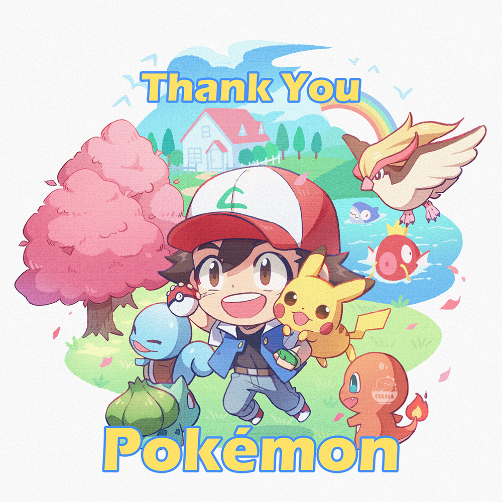 1boy :d arm_up artist_name ash_ketchum baseball_cap belt black_shirt blue_jacket blue_pants blue_sky brown_belt brown_eyes brown_hair bulbasaur character_request charmander cherry_blossoms chibi cloud commentary copyright_name day english_commentary falling_petals fence fingerless_gloves gloves grass green_gloves hat holding holding_poke_ball house jacket looking_at_viewer magikarp open_clothes open_jacket open_mouth pants petals pidgeot pikachu poke_ball poke_ball_(basic) pokemon pokemon_(anime) pokemon_(creature) rainbow red_footwear red_headwear shirt shoes short_hair short_sleeves simple_background sky smile squirtle starter_pokemon_trio teeth thank_you tree upper_teeth_only water watermark white_background white_headwear white_jacket zoe_(killyou80)