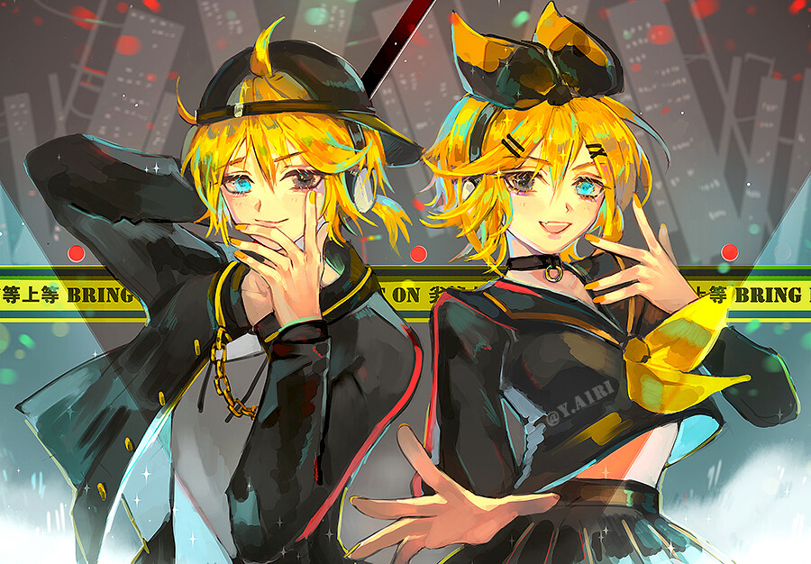 1boy 1girl aqua_eyes artist_request backwards_hat blonde_hair blurry blurry_background caution_tape chain-link_fence choker commentary depth_of_field fence foreshortening hair_ornament hairpin hat headphones hood hoodie kagamine_len kagamine_rin low_ponytail medium_hair nail_polish no_parking_sign non-web_source open_mouth reaching reaching_towards_viewer rettou_joutou_(vocaloid) road_sign sailor_collar sign symmetrical_pose vocaloid yellow_nails