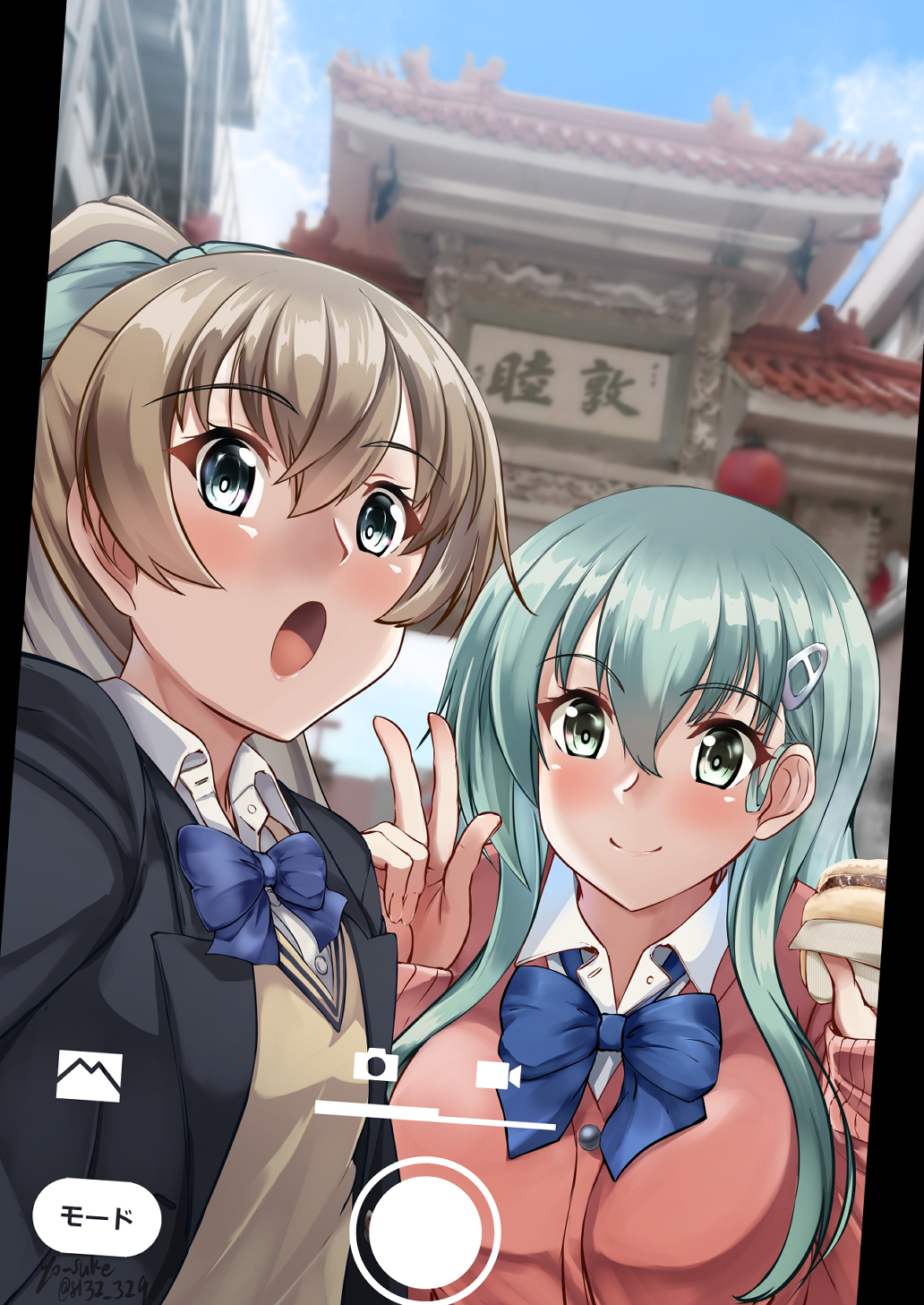 2girls aqua_eyes black_jacket blazer blue_bow blue_bowtie blue_sky bow bowtie breasts brown_hair brown_vest cardigan cellphone_picture cloud collared_shirt commentary_request day dress_shirt fake_phone_screenshot fake_screenshot green_eyes hair_ornament hairclip highres jacket kantai_collection kobe kumano_(kancolle) landmark long_hair medium_breasts multiple_girls official_alternate_costume outdoors pink_cardigan ponytail selfie shirt sky suzuya_(kancolle) sweater_vest torii upper_body v vest viewfinder white_shirt yo-suke
