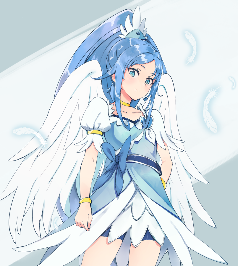 1girl angel_wings ayatori_(sensei_heroism) bike_shorts bike_shorts_under_skirt blue_background blue_bow blue_dress blue_eyes blue_hair blue_skirt bow bracelet brooch choker collarbone crystal_earrings cure_diamond dokidoki!_precure dress earrings feather_hair_ornament feathered_wings feathers gradient_background hair_ornament heart heart_brooch hishikawa_rikka jewelry long_hair looking_at_viewer magical_girl ponytail precure puffy_short_sleeves puffy_sleeves short_sleeves signature skirt smile solo very_long_hair white_background wings