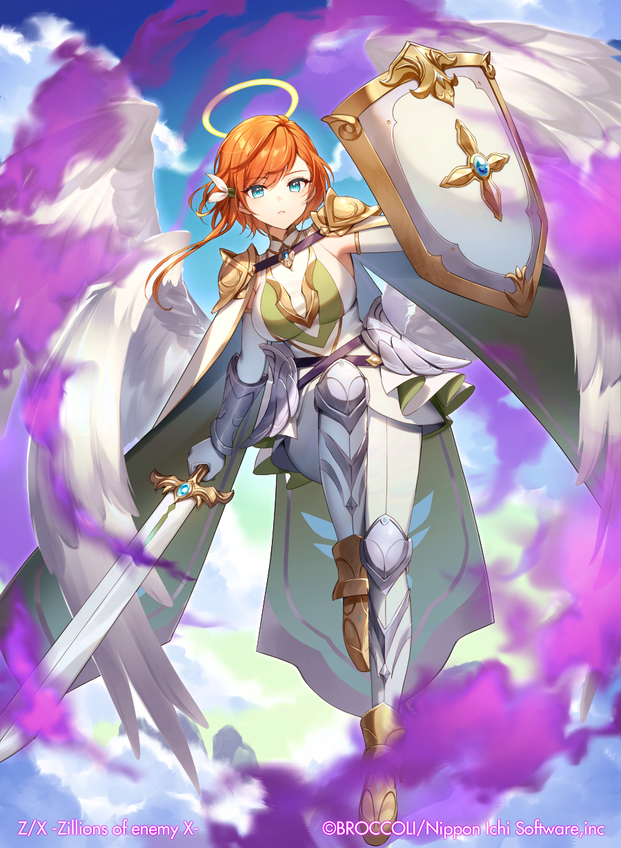 1girl angel angel_wings armor armored_boots aura blue_eyes boots breasts cape closed_mouth cloud copyright copyright_name day elbow_gloves faulds flying full_body gloves green_cape hair_ornament hairclip halo highres holding holding_shield holding_sword holding_weapon large_breasts leg_up looking_at_viewer momoshiki_tsubaki multiple_wings official_art orange_hair pants serious shield shirt short_hair shoulder_armor single_sidelock sleeveless sleeveless_shirt solo swept_bangs sword two-sided_cape two-sided_fabric vambraces weapon white_cape white_gloves white_pants white_shirt white_wings wings z/x