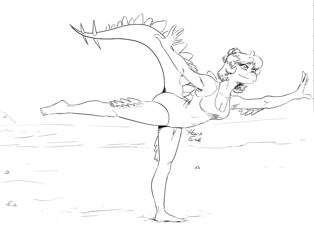 anthro beach breasts cleavage clothed clothing dinosaur female goodbye_volcano_high hair heartsick monochrome one-piece_swimsuit ornithischian reptile scalie seaside simple_background snoot_game_(fan_game) solo spiked_tail spikes spikes_(anatomy) stegosaurian stegosaurus stella_(gvh) swimwear thyreophoran white_background