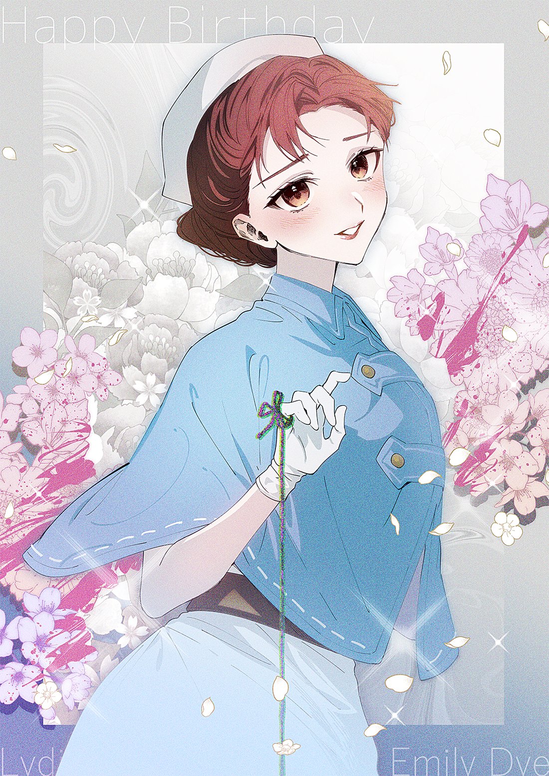 1girl belt blue_border blue_capelet blush border brown_belt brown_eyes brown_hair capelet character_name cherry_blossoms cowboy_shot dress emily_dyer falling_petals floral_background flower from_side gloves gradient_border grey_background grey_border hair_bun hand_up happy_birthday hat highres identity_v kurobara lily_(flower) lipstick looking_at_viewer looking_to_the_side makeup nurse_cap parted_bangs parted_lips petals pink_flower purple_flower single_hair_bun smile solo sparkle splatter string string_on_pinky white_dress white_flower white_gloves white_headwear