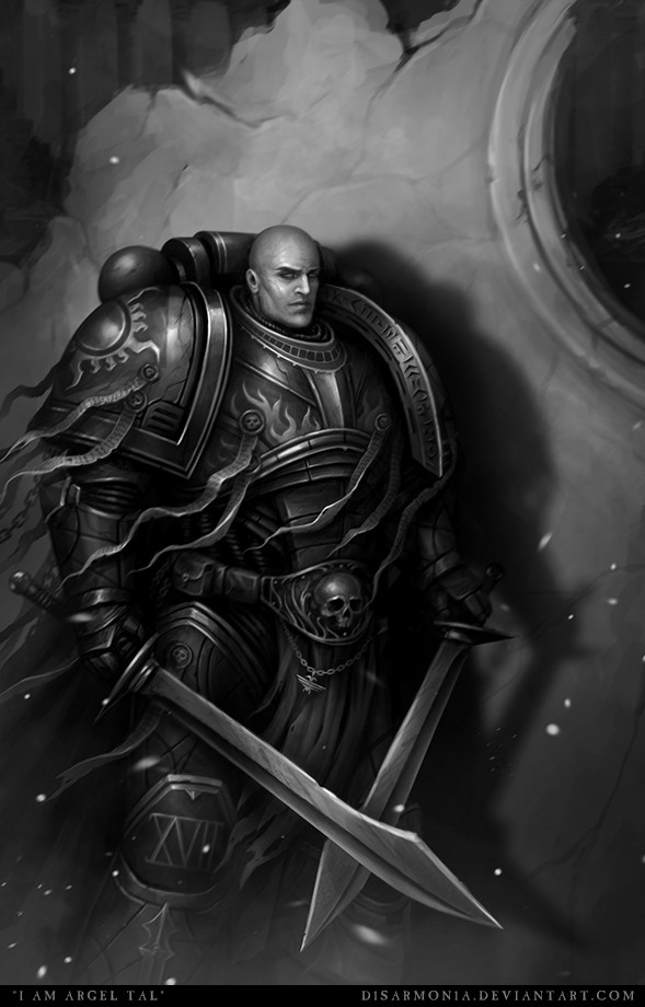 1boy argel_tal armor artist_name bald deviantart_username dual_wielding greyscale holding holding_sword holding_weapon imperium_of_man looking_at_viewer monochrome ornate ornate_armor pauldrons power_armor purity_seal shoulder_armor skull skull_ornament solo space_marine sword twin_blades veronica_anrathi warhammer_40k weapon web_address word_bearers