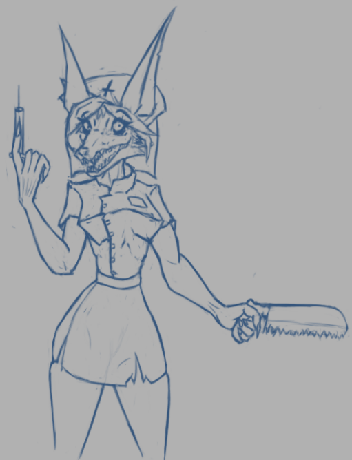 anthro big_ears breasts canid canine canis clothed clothing digital_media_(artwork) drawpile evil_grin female hair hat headgear headwear horror_(theme) jackal kinktober looking_at_viewer mammal nurse nurse_clothing nurse_hat nurse_headwear nurse_uniform saw smile solo synth_(disambiguation) the_dark_skull tools uniform
