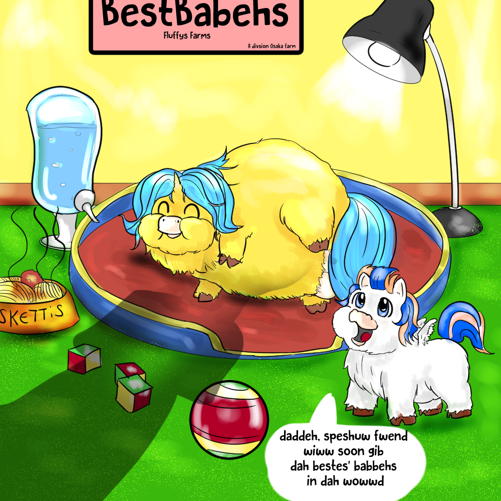 baby_talk ball bed block blue_eyes blue_hair bowl container dialogue duo english_text equid equine female feral fluffy_pony fluffy_pony_(species) food fur furniture hair horn inshi lamp male mammal offscreen_character pasta pregnant shadow spaghetti text unicorn water white_body white_fur yellow_body yellow_fur