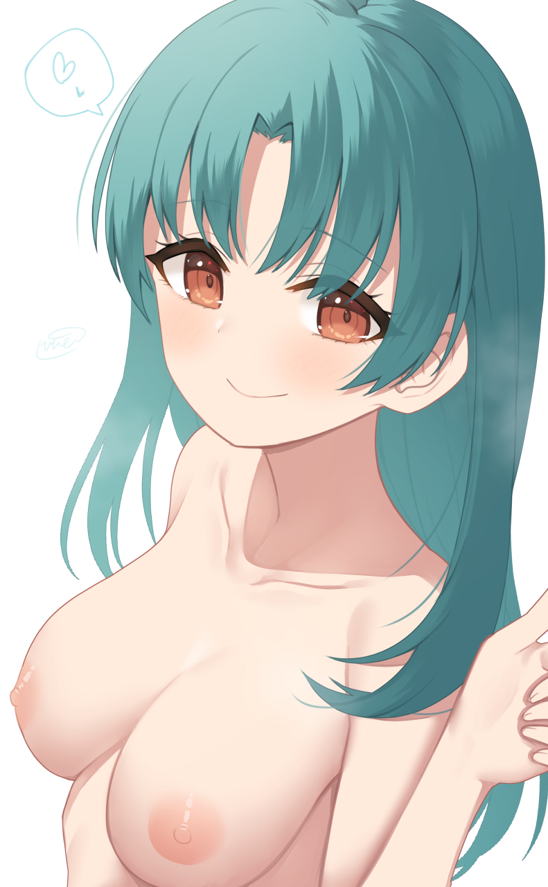 1girl binsen blush breasts brown_eyes closed_mouth green_hair hand_up heart highres idolmaster idolmaster_million_live! long_hair looking_at_viewer medium_breasts nipples nude parted_bangs simple_background smile solo spoken_heart tokugawa_matsuri upper_body very_long_hair white_background