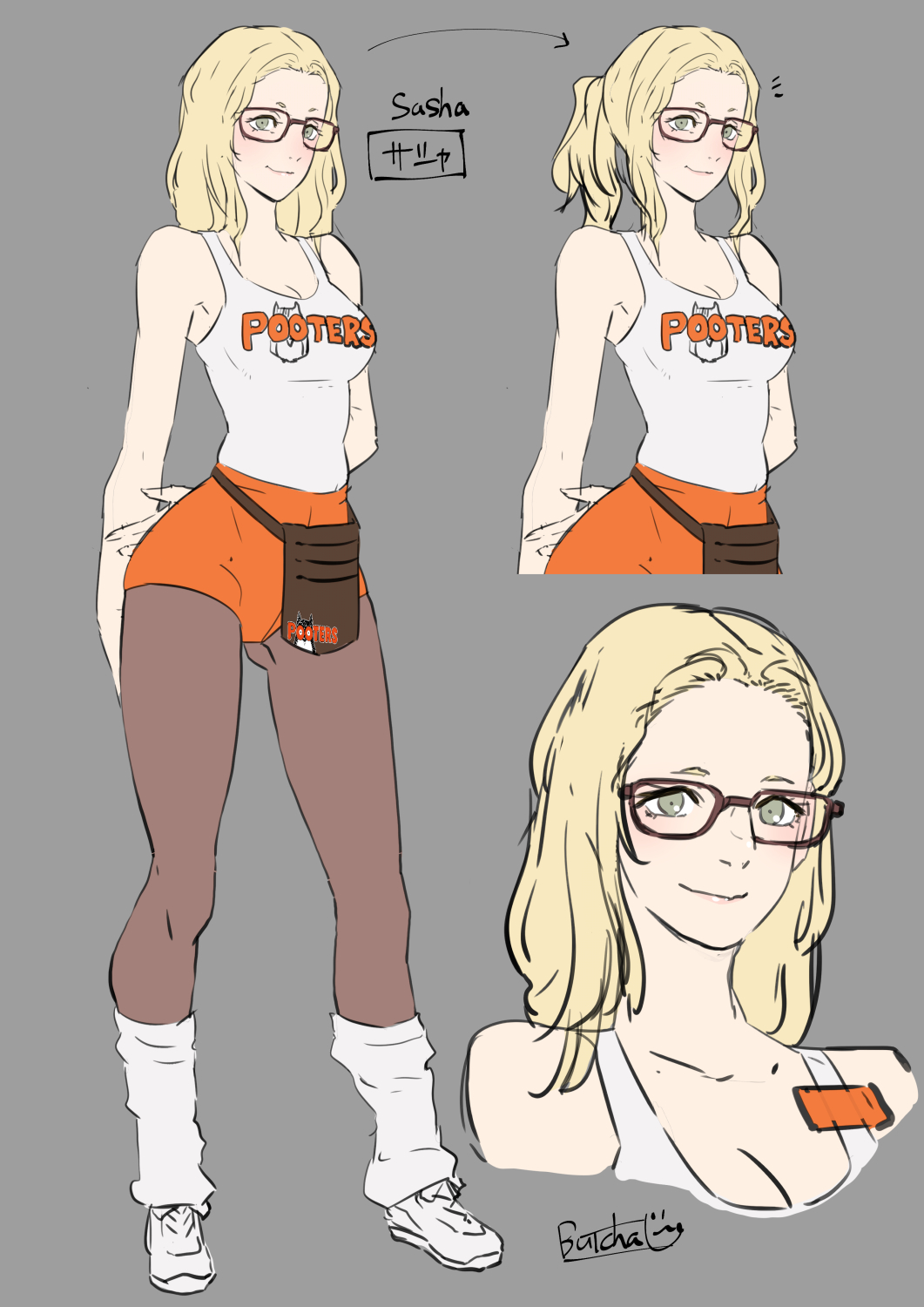 1girl arms_behind_back bare_shoulders black_pantyhose blonde_hair blush brand_name_imitation breasts butcha-u cleavage glasses green_eyes highres hooters looking_at_viewer loose_socks multiple_views pantyhose ponytail reference_sheet shorts socks tank_top white_socks