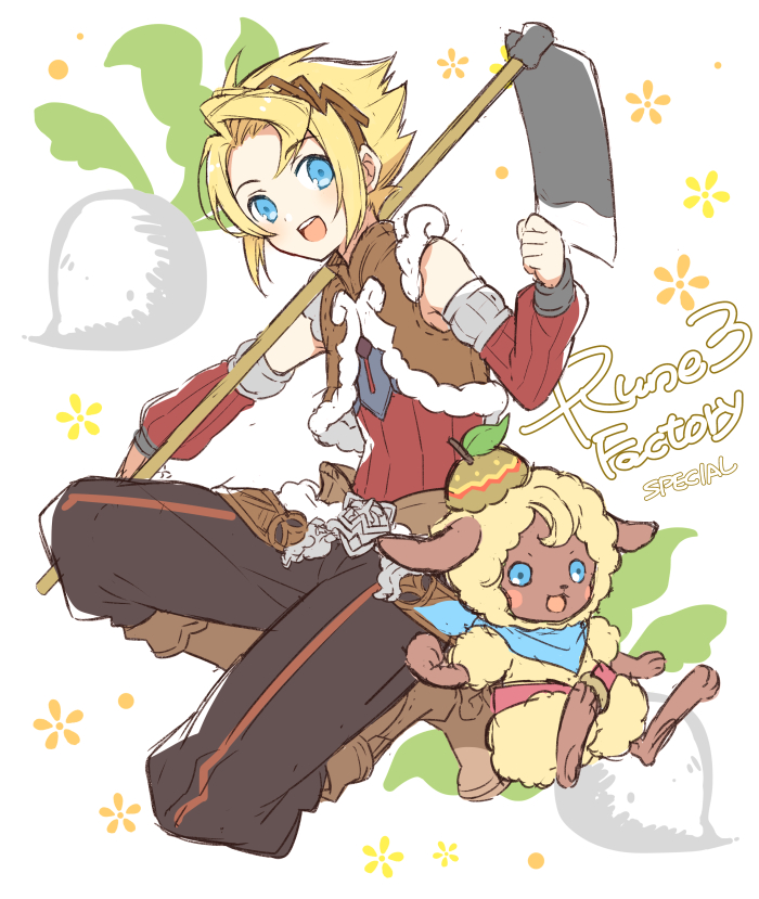 1boy :d arm_warmers black_pants blonde_hair blue_eyes blue_scarf blush boots brown_footwear brown_jacket commentary_request copyright_name cropped_jacket dual_persona full_body hand_up hoe holding_hoe jacket looking_at_viewer male_focus mice_(rune_factory) mini_mamu open_mouth pants red_sweater rune_factory rune_factory_3 scarf sheep short_hair sitting sleeveless smile sweater turnip