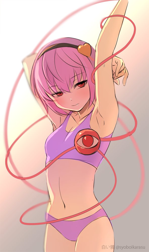 1girl arm_above_head armpits arms_up backlighting breasts closed_mouth cowboy_shot expressionless gradient_background grey_background hair_between_eyes hair_ornament hairband heart heart_hair_ornament komeiji_satori linea_alba looking_at_viewer navel pink_hair red_eyes shiroi_karasu short_hair small_breasts solo touhou underwear