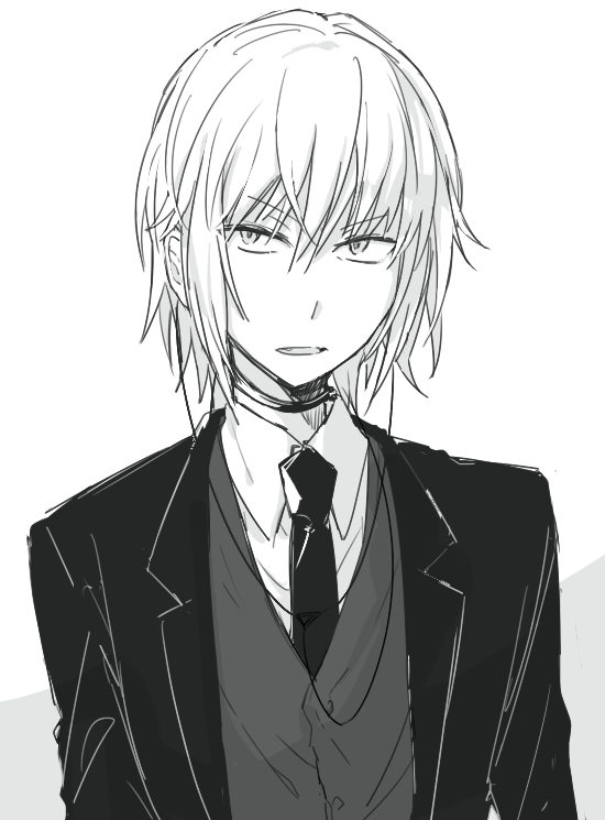 1boy accelerator_(toaru_majutsu_no_index) anninn_do_fu black_jacket black_necktie blazer buttons collared_shirt commentary_request electrodes grey_background jacket lapels looking_at_viewer male_focus necktie notched_lapels open_mouth shirt solo toaru_majutsu_no_index two-tone_background upper_body white_background white_hair