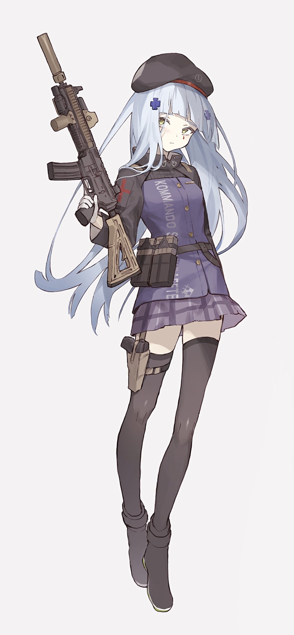 1girl assault_rifle beret black_headwear black_thighhighs blue_hair blue_jacket german_text girls'_frontline green_eyes gun h&amp;k_hk416 hat highres hk416_(girls'_frontline) holding holding_gun holding_weapon jacket long_hair long_sleeves plaid plaid_skirt purple_skirt rifle seallllion skirt solo thighhighs weapon white_background