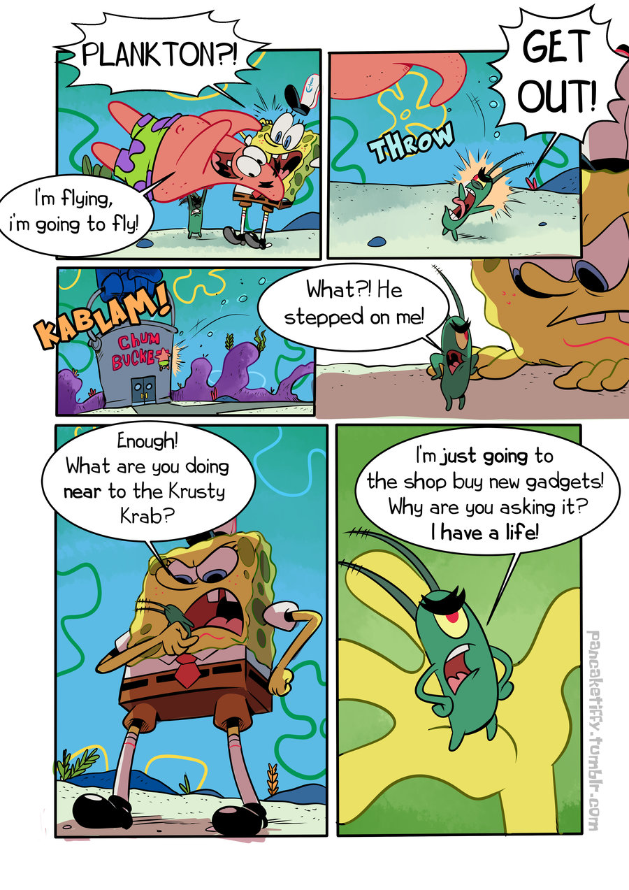 anthro asterozoan comic detailed_background dialogue echinoderm english_text group hi_res male marine micro nickelodeon on_model pancaketiffy patrick_star plankton_(species) sea_sponge sheldon_j._plankton speech_bubble spongebob_squarepants spongebob_squarepants_(character) starfish text toony trio