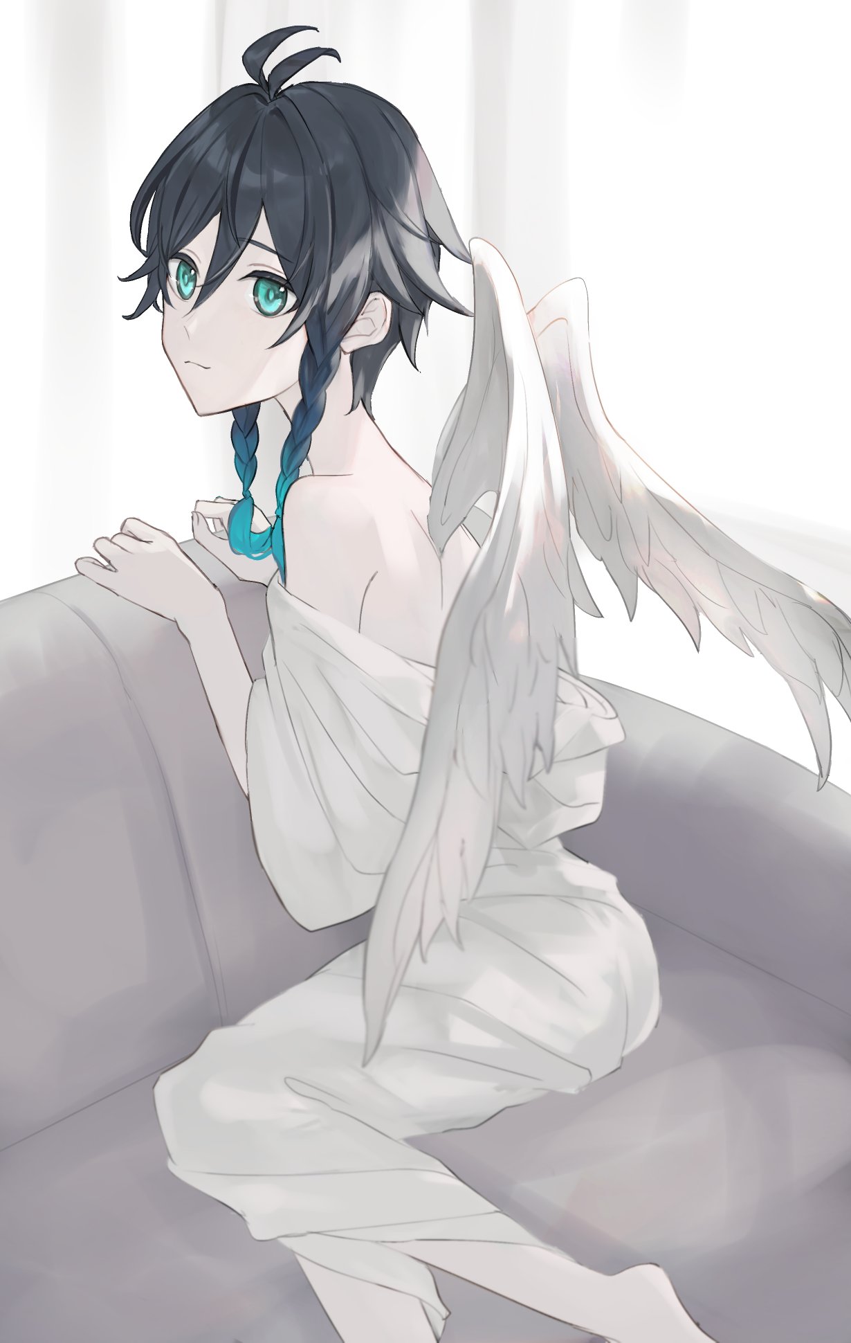 1boy androgynous black_hair blue_hair braid closed_mouth feathered_wings from_behind genshin_impact gradient_hair green_eyes highres kagami_(kagami) looking_at_viewer looking_back male_focus multicolored_hair shirt shirt_removed short_hair_with_long_locks side_braids sidelocks sitting solo twin_braids venti_(genshin_impact) white_shirt white_wings wings