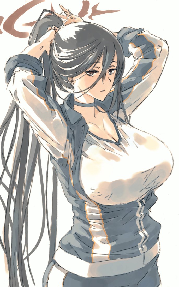 1girl adjusting_hair arms_up black_hair blue_archive breasts choker cleavage hair_between_eyes halo hasumi_(blue_archive) hasumi_(gym_uniform)_(blue_archive) jacket large_breasts long_hair looking_at_viewer parted_lips partially_unzipped ponytail shirt simple_background solo suzumaru very_long_hair white_background white_shirt