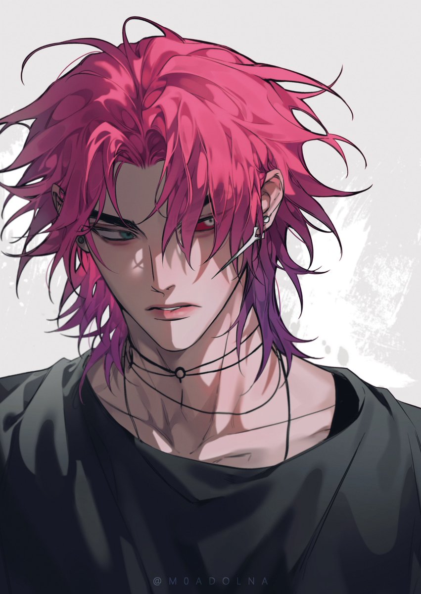 1boy black_shirt colored_sclera earrings expressionless green_eyes grey_background heartsteel_kayn heterochromia highres jewelry kayn_(league_of_legends) league_of_legends looking_to_the_side m0adolna male_focus necklace official_alternate_hairstyle parted_bangs parted_lips red_hair red_sclera shirt short_hair simple_background solo upper_body white_eyes