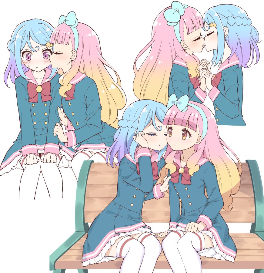 2girls adjusting_hair aikatsu!_(series) aikatsu_friends! blonde_hair blue_bow blue_hair blunt_bangs blush bow braid closed_eyes closed_mouth commentary_request cropped_legs cropped_torso dress embarrassed facing_another gradient_hair hair_bow hair_ornament hair_over_shoulder hairband hand_on_another's_arm hand_up hands_on_own_knees hands_up holding_hands imminent_kiss kiss kissing_cheek long_hair long_sleeves looking_at_another maho_(waku6121112) minato_mio multicolored_hair multiple_girls multiple_views on_bench orange_eyes orange_hair parted_lips pink_hair pink_sailor_collar purple_eyes red_bow sailor_collar sailor_dress school_uniform short_hair simple_background sitting star_(symbol) star_hair_ornament star_harmony_academy_school_uniform sweatdrop thighhighs white_background white_thighhighs yuri yuuki_aine