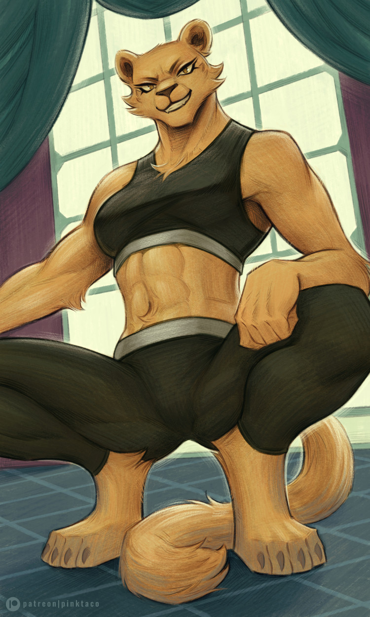 1girl abs artist_name black_pants brand_new_animal colored_sclera elsa_(brand_new_animal) furry furry_female grin hands_on_own_knees highres indoors lion_girl lion_tail looking_at_viewer pants patreon_logo patreon_username pinktaco smile solo sports_bra spread_legs squatting tail watermark window workout_clothes yellow_sclera yoga_pants