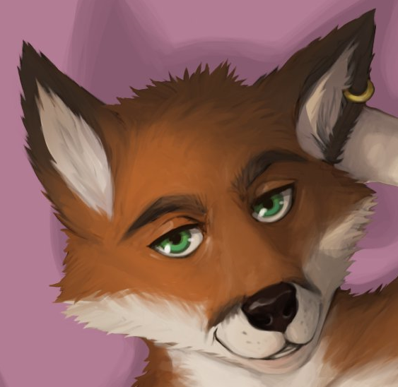 ambiguous_gender anthro canid canine ear_piercing ear_ring fox green_eyes headshot_portrait mammal piercing pink_background portrait ring_piercing rov simple_background smile smirk smirking_at_viewer solo