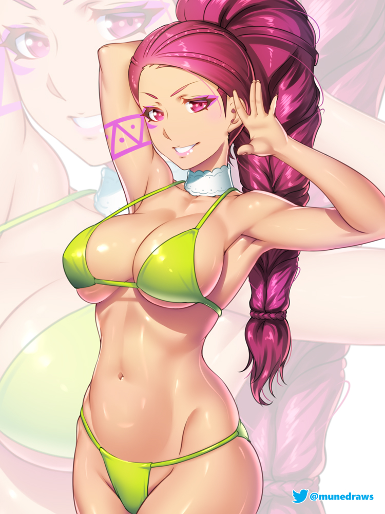 1girl arm_behind_head arms_up artist_name bikini breasts choker cleavage etchimune evil_grin evil_smile fire_emblem fire_emblem:_three_houses green_bikini grin large_breasts petra_macneary ponytail purple_eyes purple_hair smile swimsuit white_choker