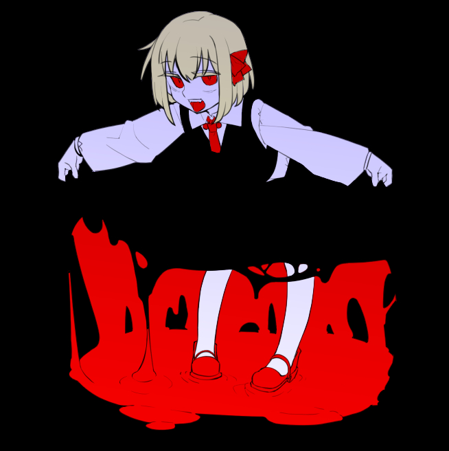 1girl :d ambiguous_red_liquid ascot black_background black_skirt black_vest blending blonde_hair bob_cut bow collared_shirt colored_eyelashes dark_background darkness fangs flat_color full_body hair_between_eyes hair_bow leaning_forward legs_apart limited_palette long_sleeves looking_at_viewer mary_janes open_mouth outstretched_arms puddle puffy_long_sleeves puffy_sleeves red_ascot red_bow red_eyes red_footwear round_teeth rumia shamo_(koumakantv) shirt shoes short_hair simple_background skirt skirt_hold skirt_set smile solo spread_arms standing teeth tongue touhou upper_teeth_only vest white_shirt wing_collar
