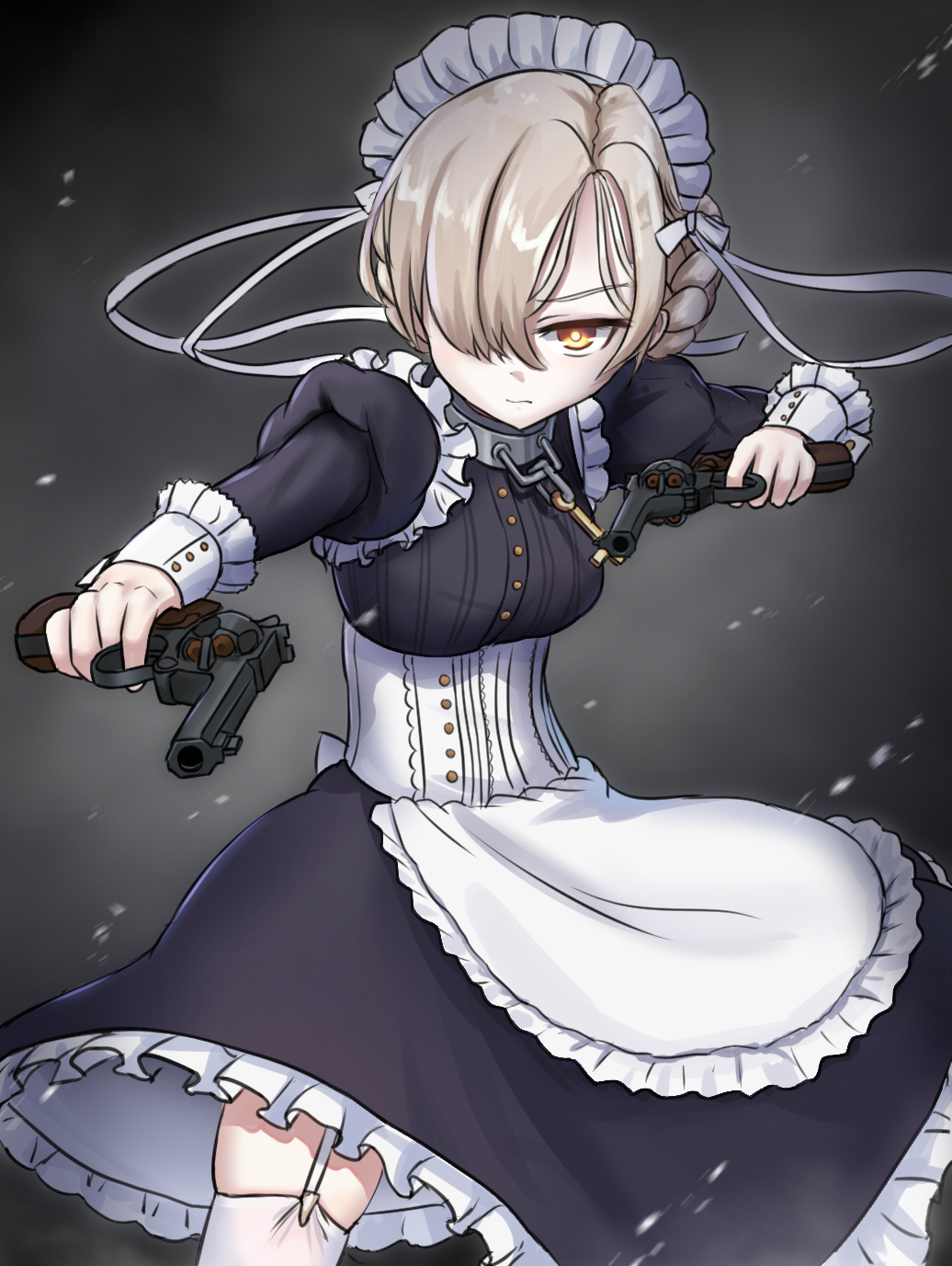 1girl apron azur_lane blonde_hair braid breasts collar dress dual_wielding frilled_apron frilled_dress frills garter_straps gun gunkata highres holding holding_gun holding_weapon maid maid_headdress matsunaga_maguro metal_collar puffy_sleeves revolver ribbon sheffield_(azur_lane) short_hair solo thighhighs two-tone_dress waist_apron weapon white_apron white_garter_straps white_ribbon white_thighhighs yellow_eyes