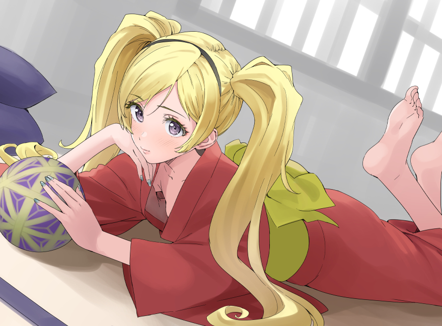 1girl barefoot blonde_hair blush breasts emily_stewart feet_up head_rest idolmaster idolmaster_million_live! indoors japanese_clothes kimono looking_at_viewer lying on_stomach purple_eyes red_kimono small_breasts soles solo tatami the_pose toes yoropa