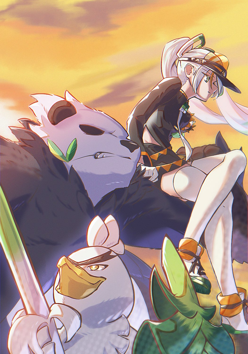 1girl black_coat coat fighting_miku_(project_voltage) gloves hatsune_miku highres long_hair long_sleeves mouth_hold necktie on_shoulder orange_sky orange_trim pangoro pokemon pokemon_(creature) project_voltage shoes side_slit sirfetch'd sky sneakers spring_onion stalk_in_mouth thighhighs twintails very_long_hair visor_cap vocaloid white_gloves white_hair white_thighhighs zelacademia22