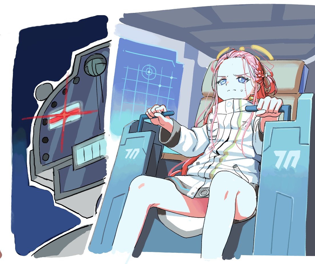 1girl bare_legs blue_archive blue_eyes chair closed_mouth coat cockpit forehead glowing glowing_eye halo long_hair mecha piloting red_hair robot sitting sparkle sweat urrrt white_coat yuzu_(blue_archive)